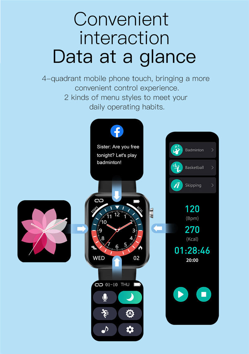 Smartwatch and smartphone displaying app icons and interface on a blue background