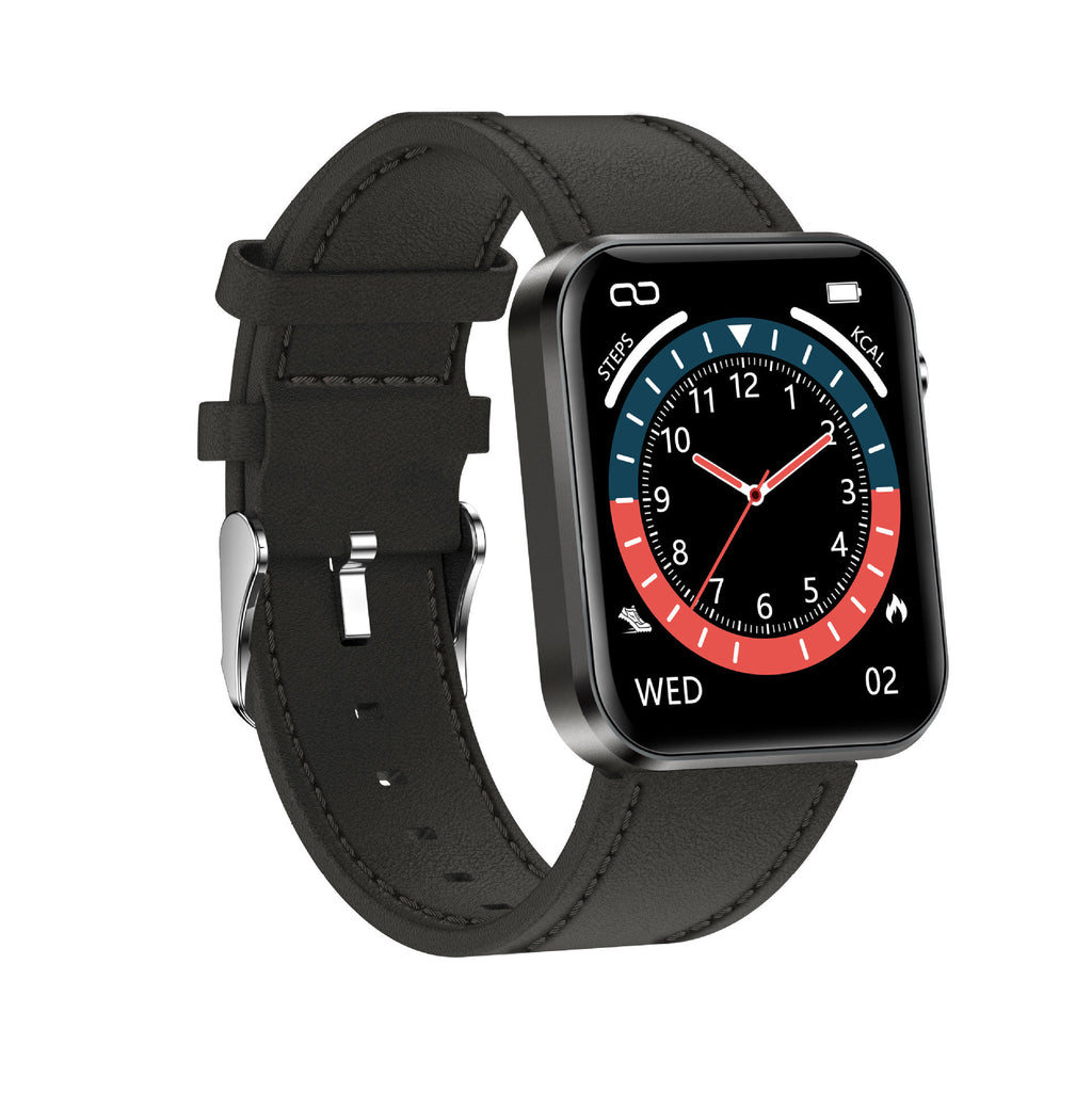 Smartwatch with black leather strap on a white background