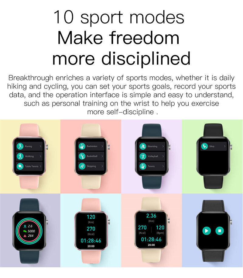 Smartwatch with various display modes on a white background
