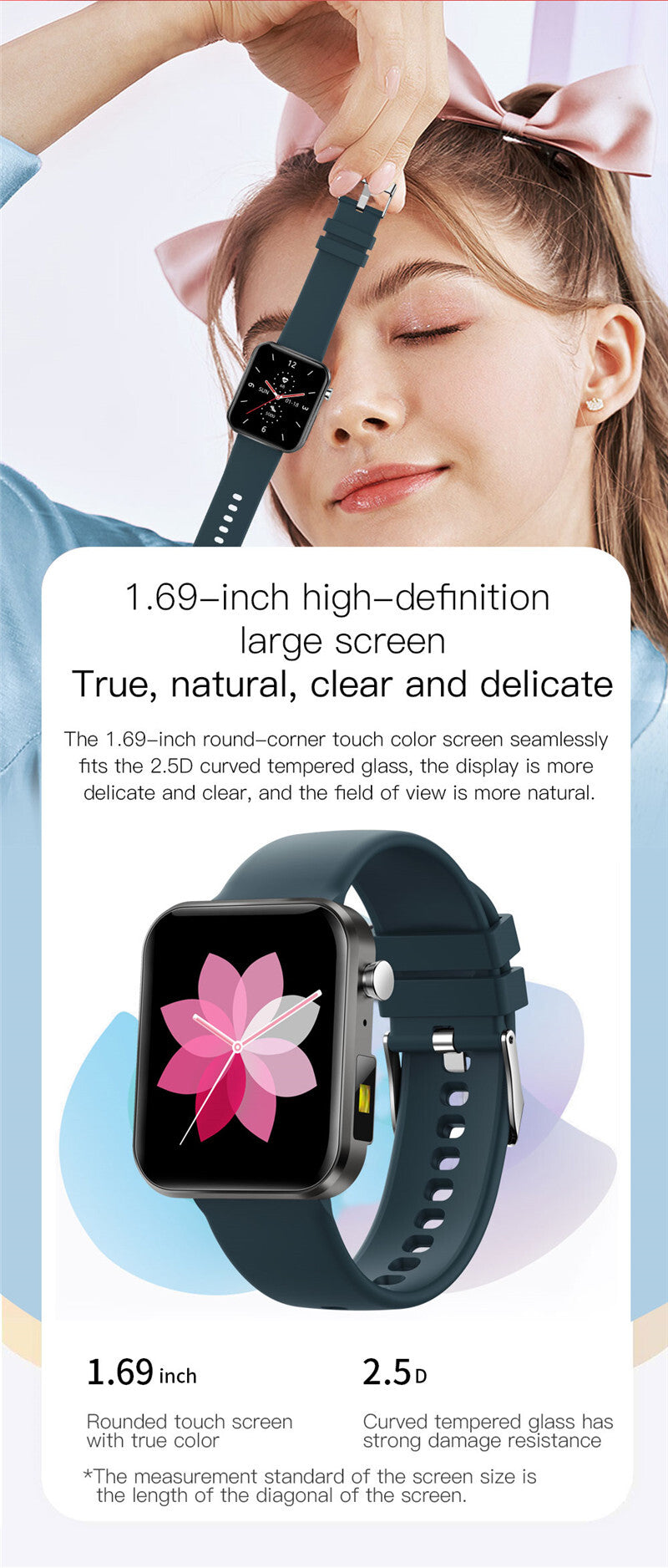 Smartwatch with a large screen and curved glass on a light blue background