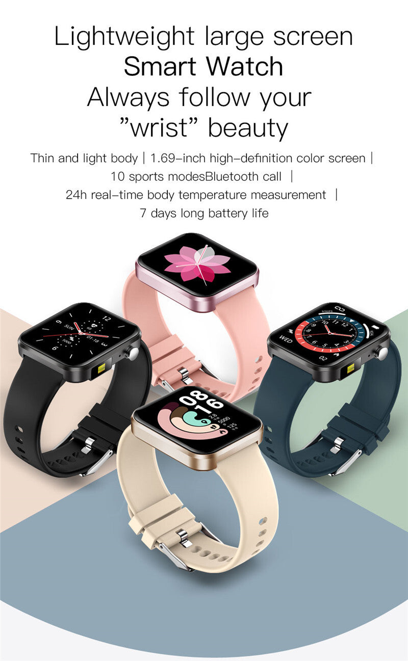 Smartwatch with different colored bands on a gradient background