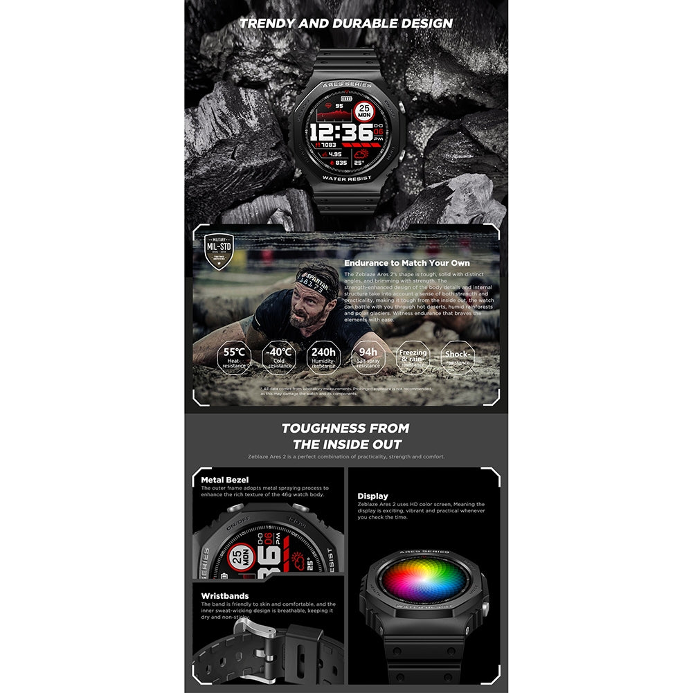 ZEBLAZE ARES 2 Rugged Smart Watch 1.09 Inch HD Screen Heart Rate Blood Oxygen Blood Pressure Monitoring Green