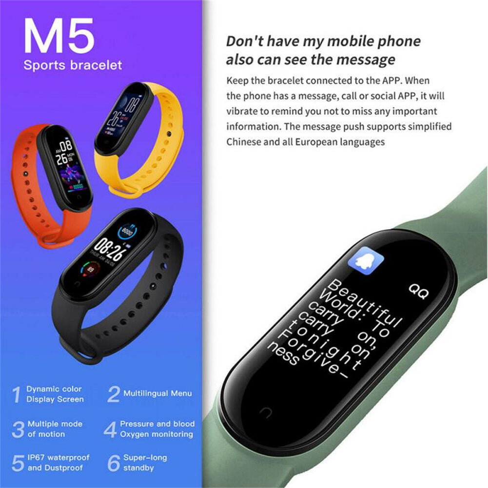 M5 Smart Watch Waterproof Heart Rate Blood Pressure Monitor Fitness Sports Smart Band Compatible For Ios Android blue