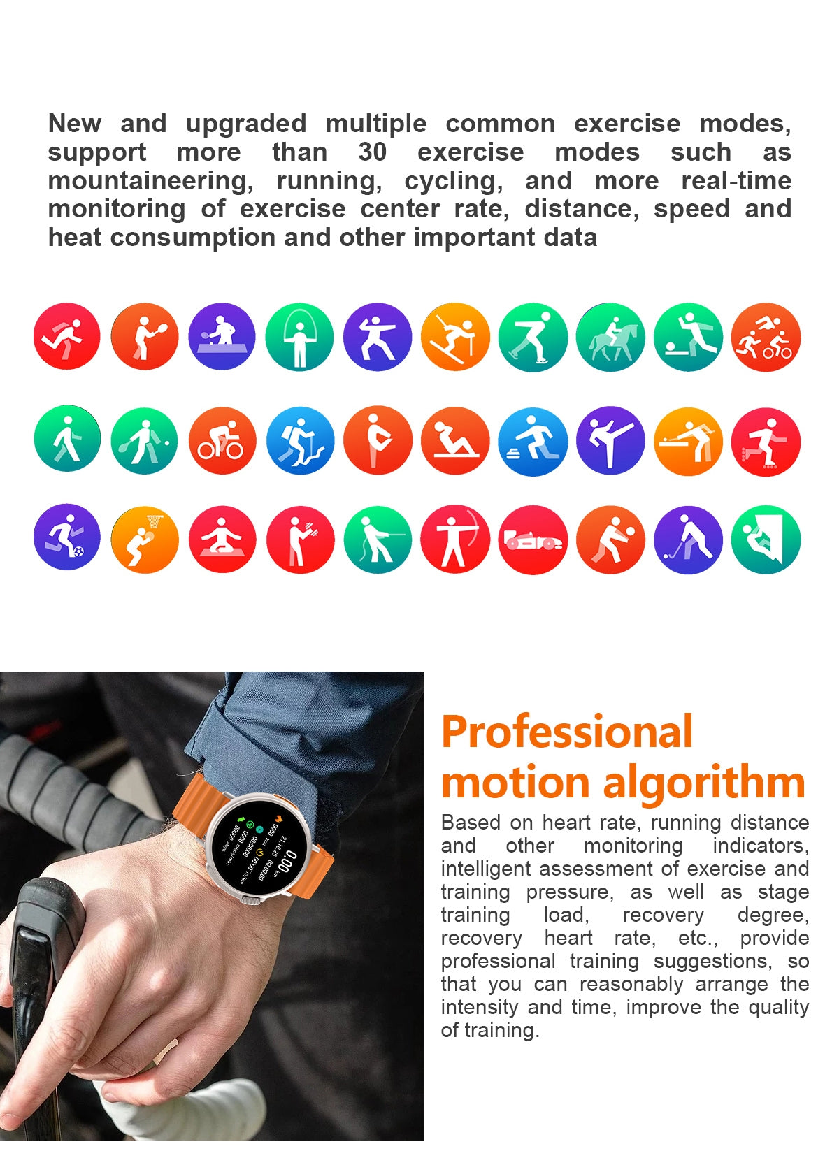Smartwatch with colorful exercise mode icons and a person wearing it, highlighting fitness tracking features.