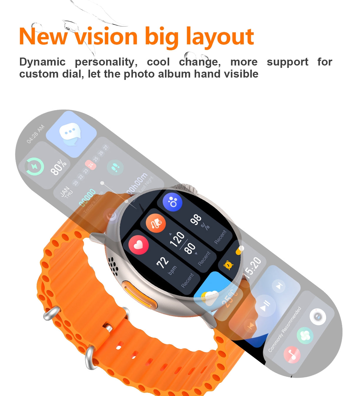 Smartwatch with orange band on a white background, featuring dynamic display and text about customizable features.