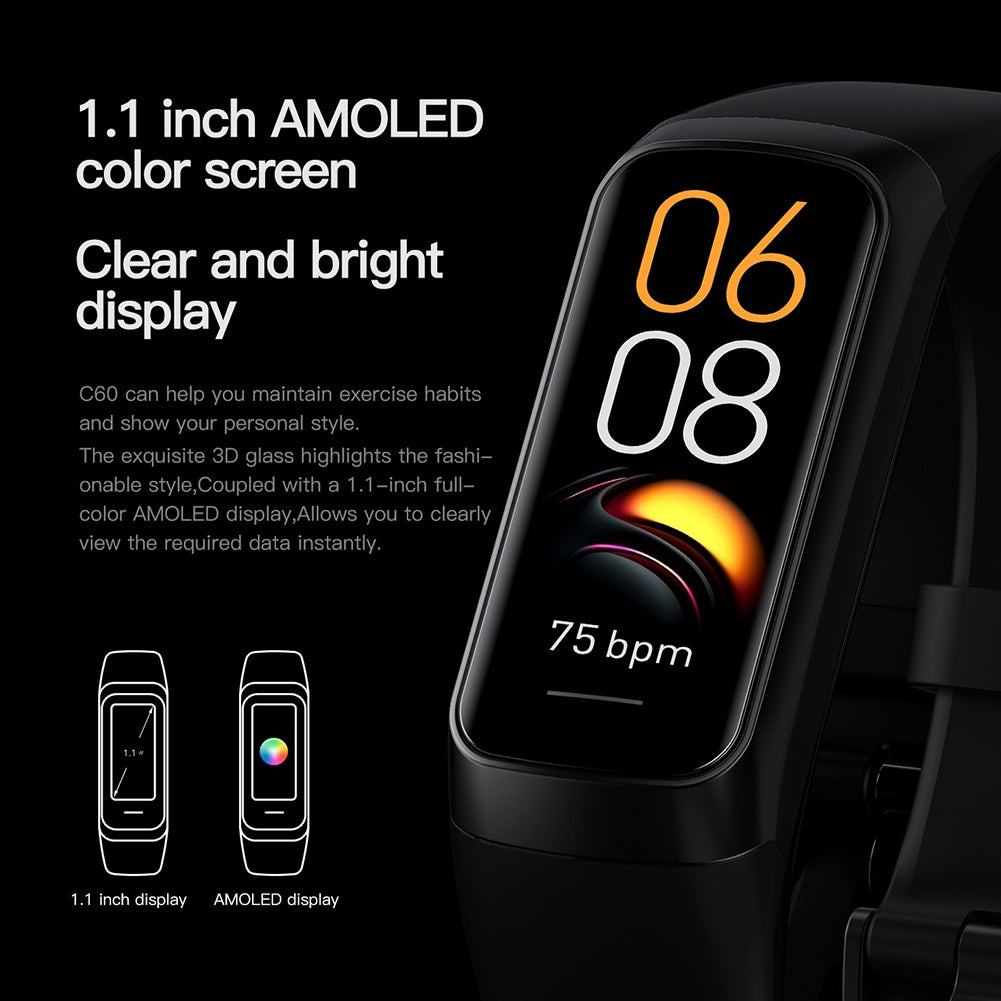 الساعة الذكية C60 بشاشة AMOLED HD مقاس 1.1 بوصة، ومراقبة درجة حرارة الجسم ومعدل ضربات القلب، وساعة ذكية رياضية للياقة البدنية، باللون الوردي
