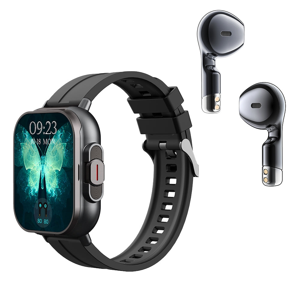 D8 Smart Watch with Earbuds Fitness Tracker Sports Recorder Heart Rate Blood Pressure Blood Oxygen Monitor Black Tape