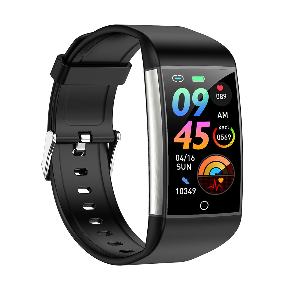Black smartwatch with a colorful display on a white background