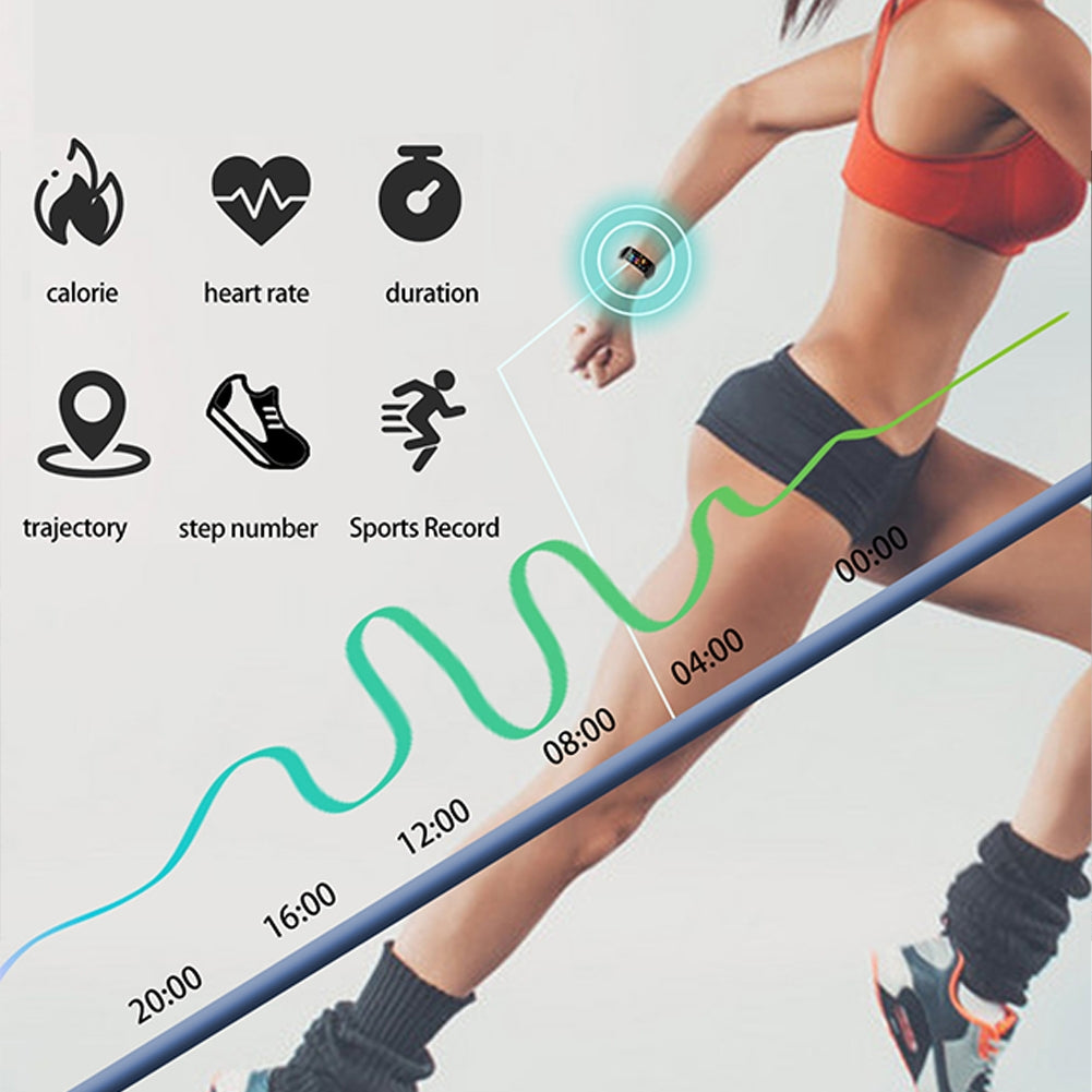 Woman exercising with fitness tracker icons and statistics on a light gray background