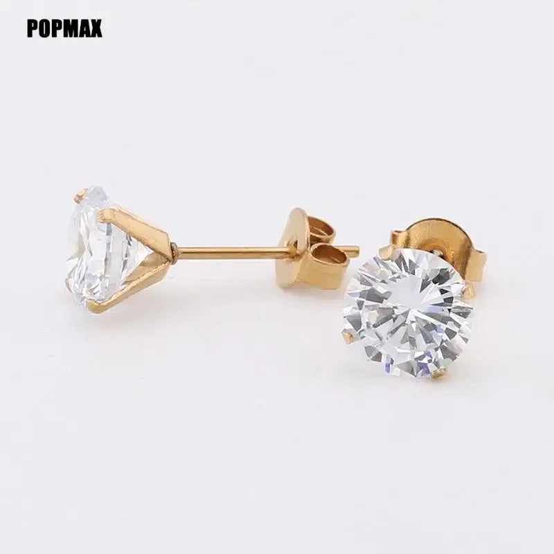 Metal Color: Gold-color, Main Stone Color: GRAY - POPMAX 1Pairs/2Pcs Stainless Steel Crystal Studs Earrings For Women Men 4 Prong Tragus Round Clear Cubic Zirconia Ear Jewelry