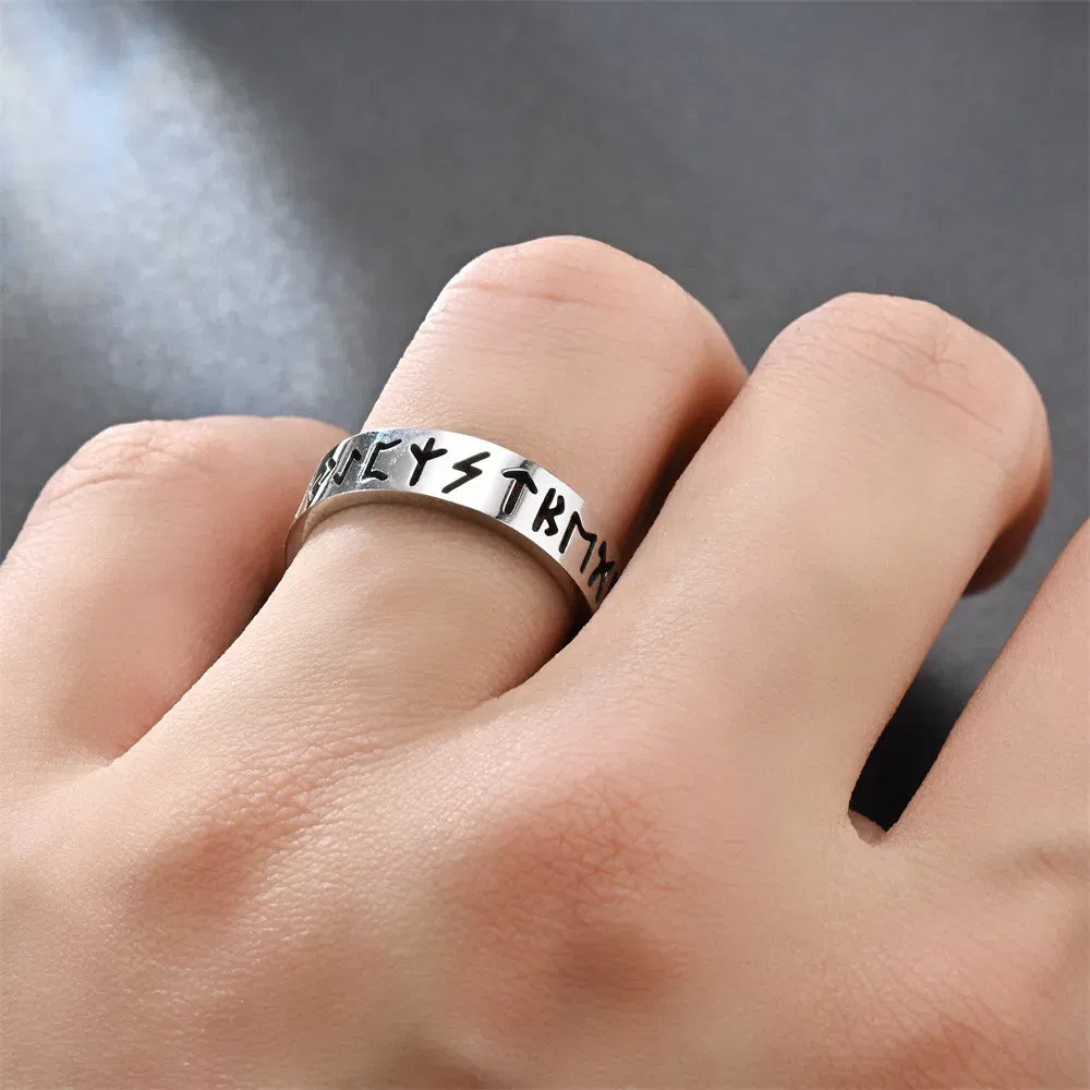 Main Stone Color: Black, Ring Size: 3 - 2023 New Stainless Steel Hollow Out Ring for Men Women Fashion Hollow Rune Design Finger Anillo Antiestres Anxiety Rings