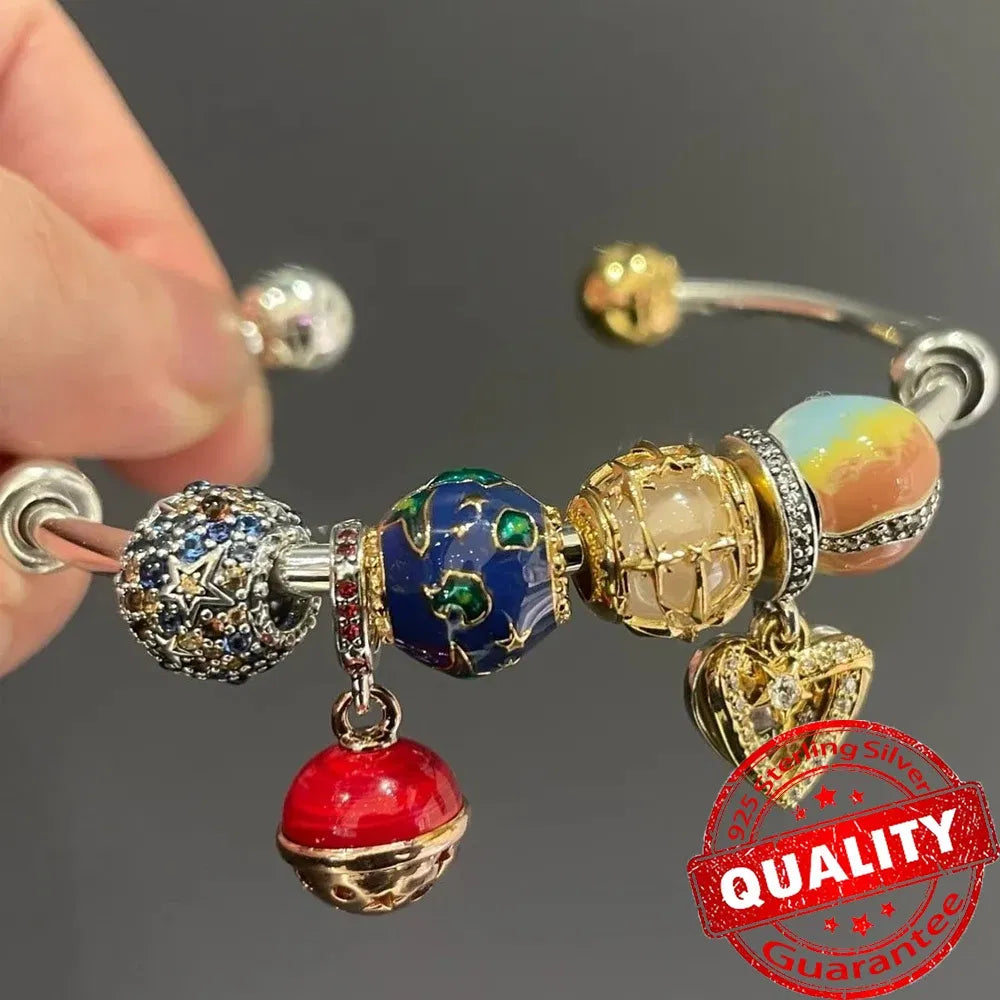Gem Color: Black, Metal Color: Gold-color - Luxury 925 Sterling Silver Sun & Moon Open Bangle Women Cuff Bracelet For Gold DIY Charm Jewelry Set Accessories Gift Making