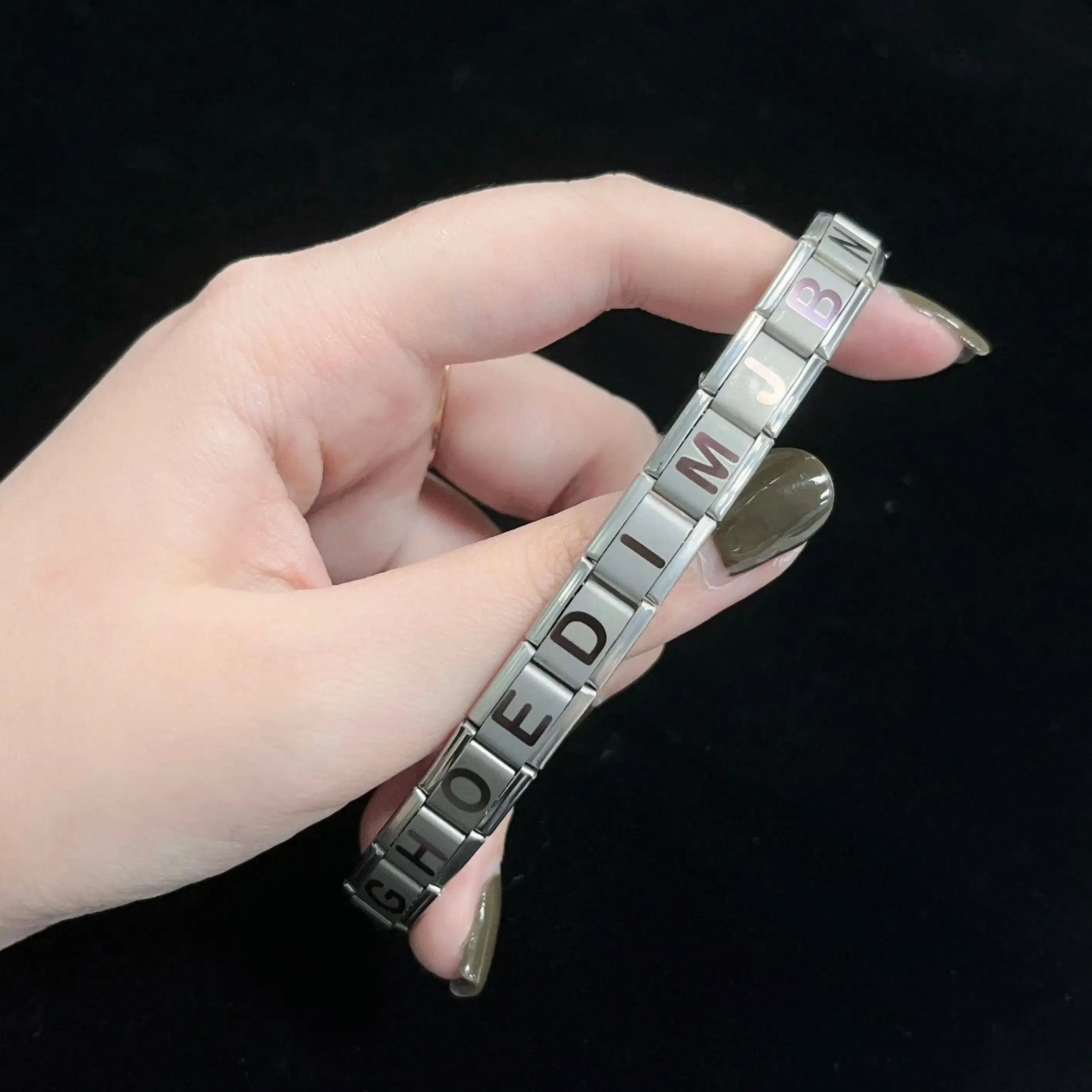 Metal Color: Rhodium Plated, Main Stone Color: WHITE - New DIY Italian Charm 9mm Module Bracelet 26 English letter Stainless Steel Elastic Bracelets for Men and Women Gift