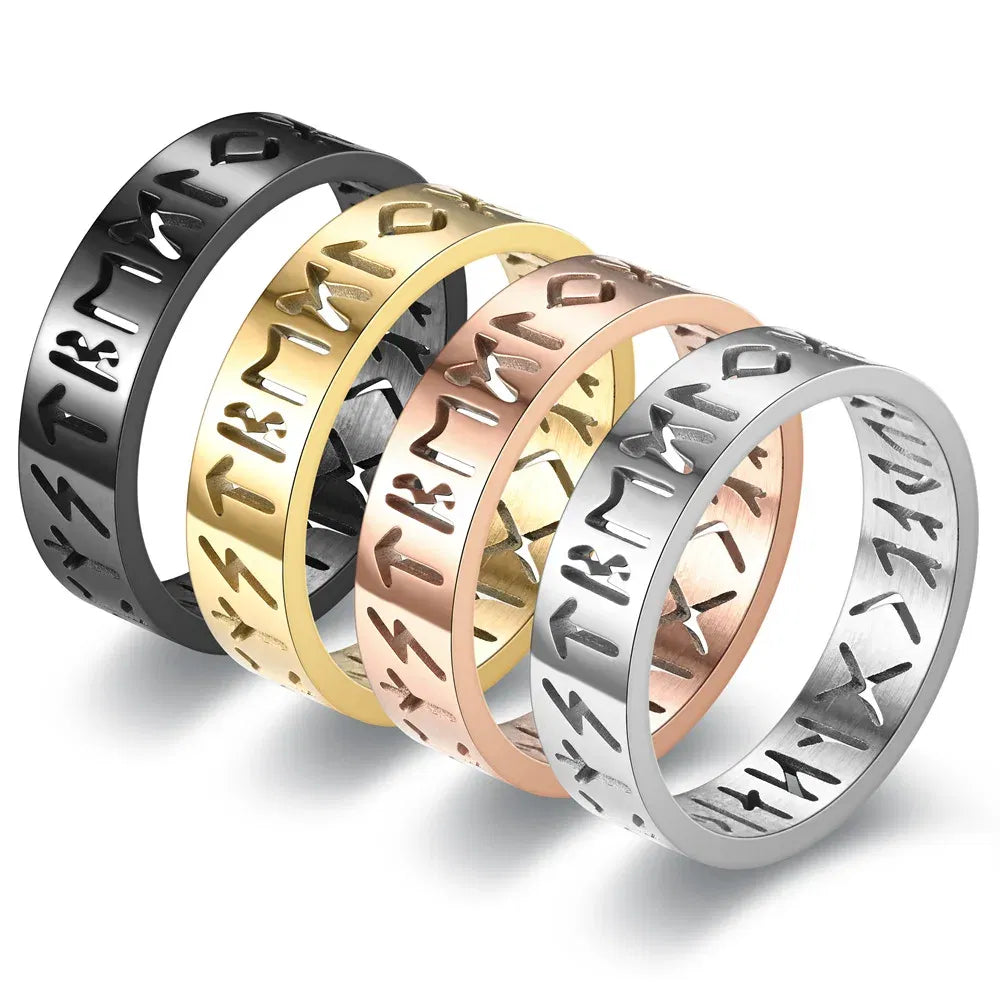 Main Stone Color: silver, Ring Size: 4 - 2023 New Stainless Steel Hollow Out Ring for Men Women Fashion Hollow Rune Design Finger Anillo Antiestres Anxiety Rings