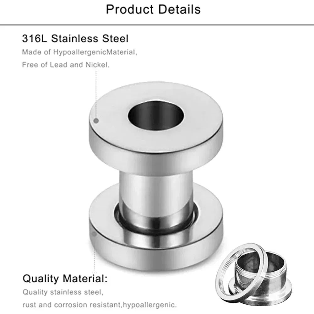 Metal color: Rhodium Plated, Main Stone Color: Gold - 2PCS Multi Color Steel Screw Fit Tunnel Ear Plug Stretcher Gauge 3-25mm Ear Lobe Tunnel Expander