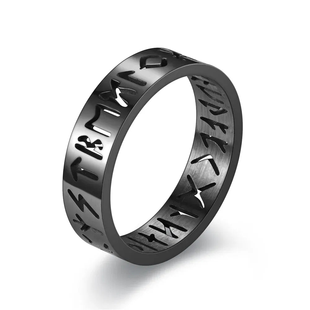 Main Stone Color: silver, Ring Size: 4 - 2023 New Stainless Steel Hollow Out Ring for Men Women Fashion Hollow Rune Design Finger Anillo Antiestres Anxiety Rings