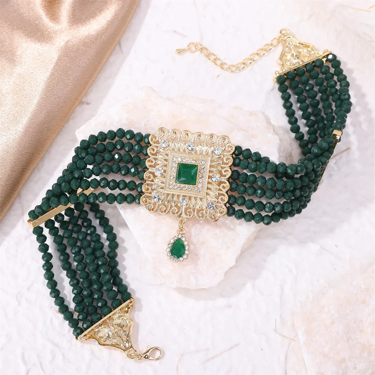 Metal color: Light Yellow Color - Hand Beaded Necklaces Water Drop Pendants Beaded Necklaces For Arab Brides
