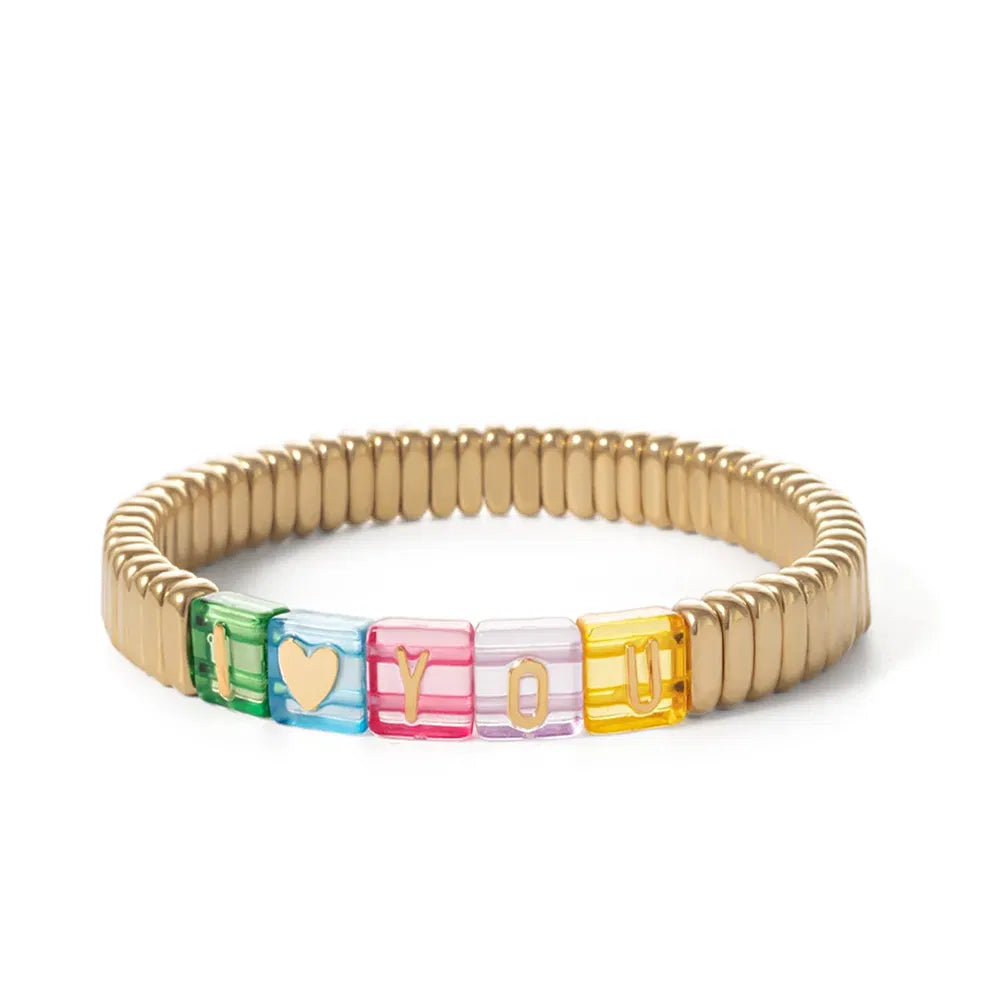 Metal Color: dark green, Ships From: CHINA - Wholesale Gold Silver Color Elastic Bracelets Handmade Letter Charms Bracelets For Women 2X8MM Beads Bracelets Bohemain Jewelry