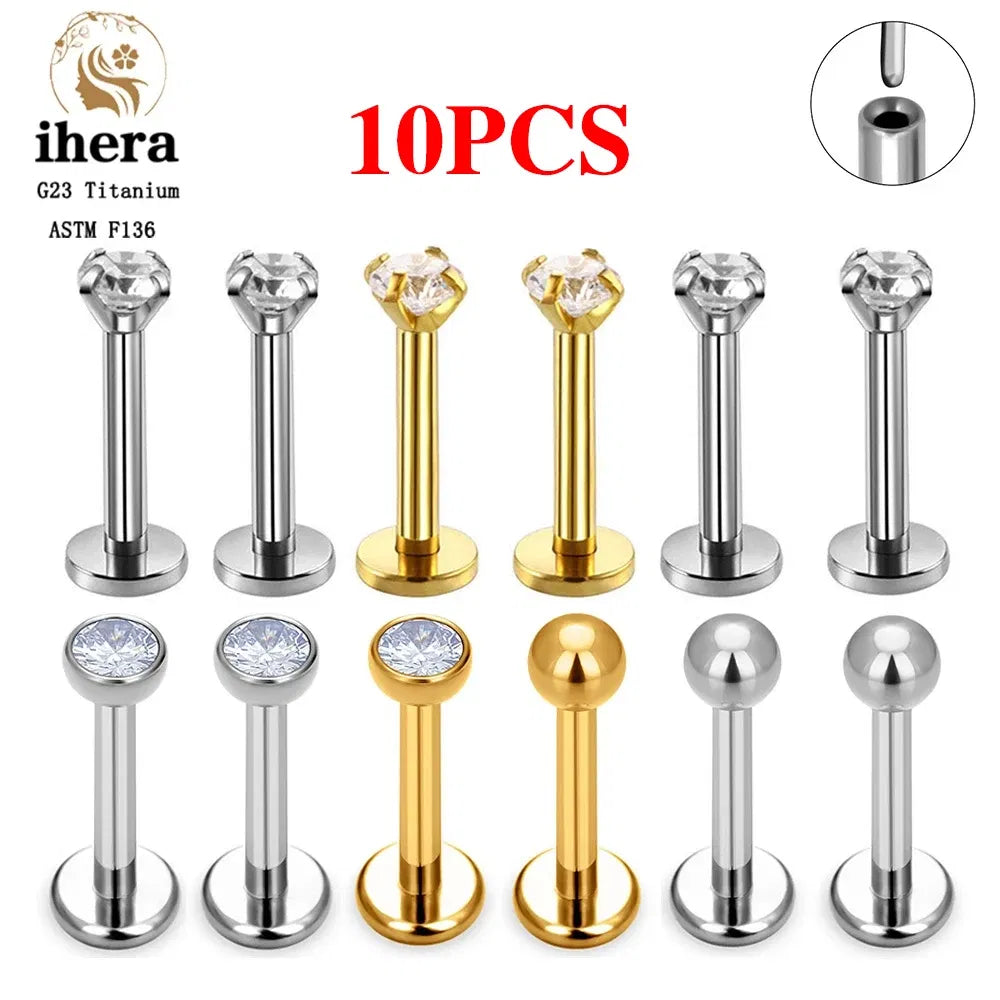 Metal color: Light Yellow Gold Color, Ships From: CHINA, Main Stone Color: Pink - 10PCS G23 Titanium Lip Ring Labret Piercing Stud Earring CZ 16/18/20G Push Pin Ear Tragus Cartilage Helix Conch Pierc?Jewelry