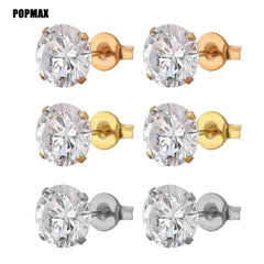 Metal Color: Gold-color, Main Stone Color: GRAY - POPMAX 1Pairs/2Pcs Stainless Steel Crystal Studs Earrings For Women Men 4 Prong Tragus Round Clear Cubic Zirconia Ear Jewelry