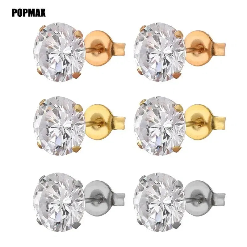 Metal Color: Gold-color, Main Stone Color: GRAY - POPMAX 1Pairs/2Pcs Stainless Steel Crystal Studs Earrings For Women Men 4 Prong Tragus Round Clear Cubic Zirconia Ear Jewelry