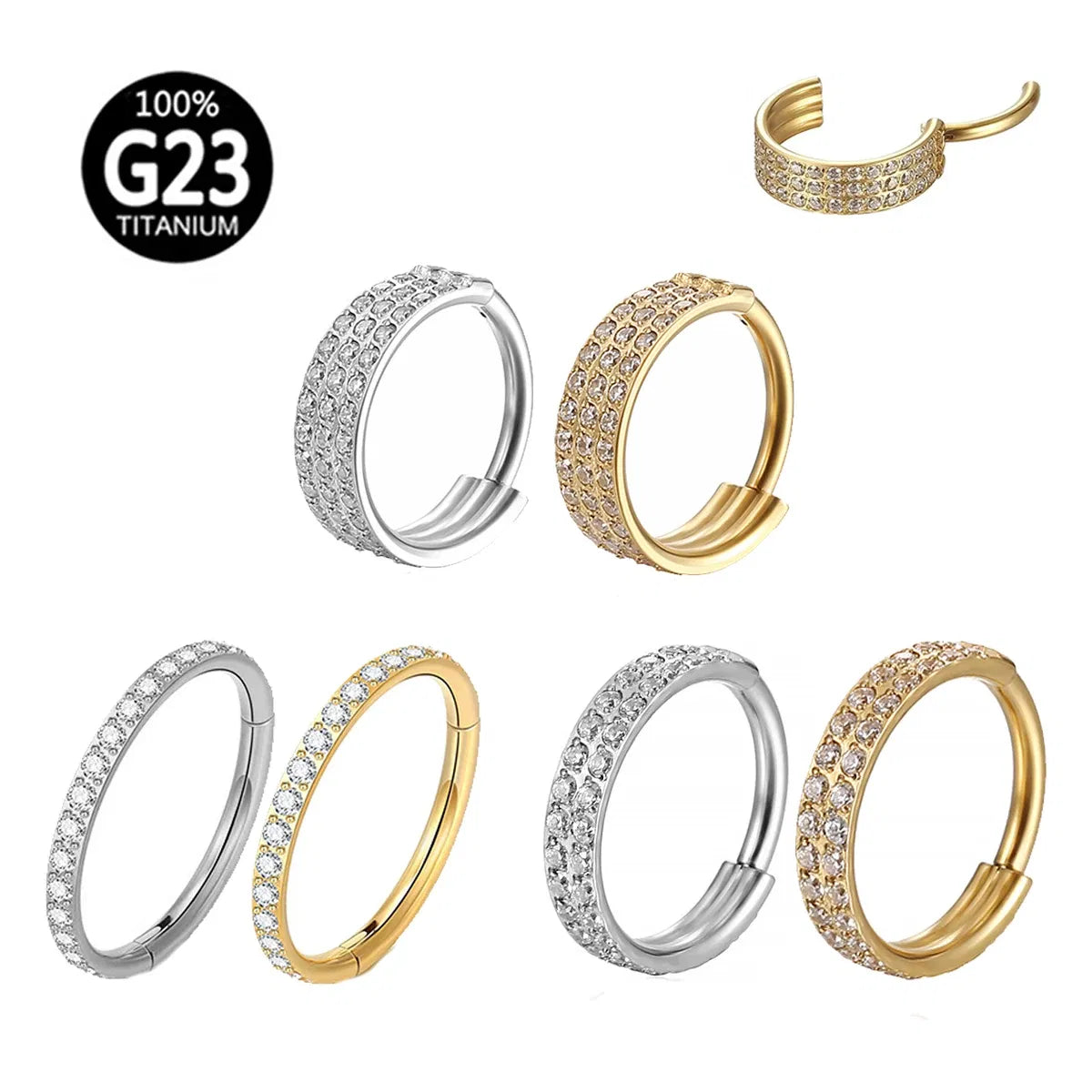 Metal color: Light Yellow Color, Main Stone Color: WHITE - G23 Titanium Piercing Hinged Segment Hoops CZ Stone Nose Rings Ear Cartilage Tragus Helix Earrings Piercing Body Jewelry