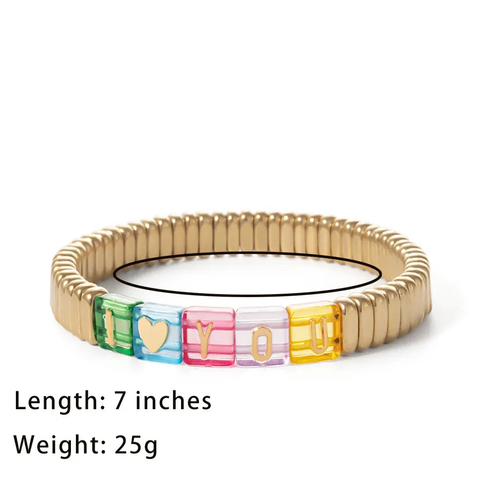 Metal Color: dark green, Ships From: CHINA - Wholesale Gold Silver Color Elastic Bracelets Handmade Letter Charms Bracelets For Women 2X8MM Beads Bracelets Bohemain Jewelry