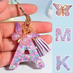 Color: Dark Brown - Fashion Tassel Butterfly 26Letter Keychain Colorful Love Heart Filled Resin Alphabet Keyring Women Girls Car Bag Phone Pendant