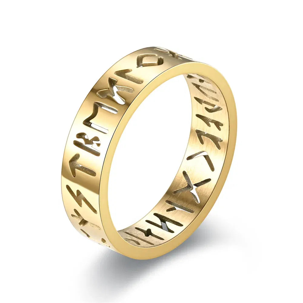 Main Stone Color: Black, Ring Size: 3 - 2023 New Stainless Steel Hollow Out Ring for Men Women Fashion Hollow Rune Design Finger Anillo Antiestres Anxiety Rings