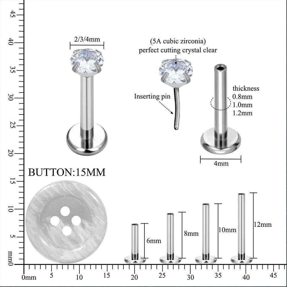 Metal color: Rhodium Plated, Ships From: CHINA, Main Stone Color: black - 10PCS ASTM F136 G23 Titanium Piercing Labret Lip Ring Stud Earring CZ Ear Tragus Cartilage Helix Daith Pierc Jewelry 16/18/20g