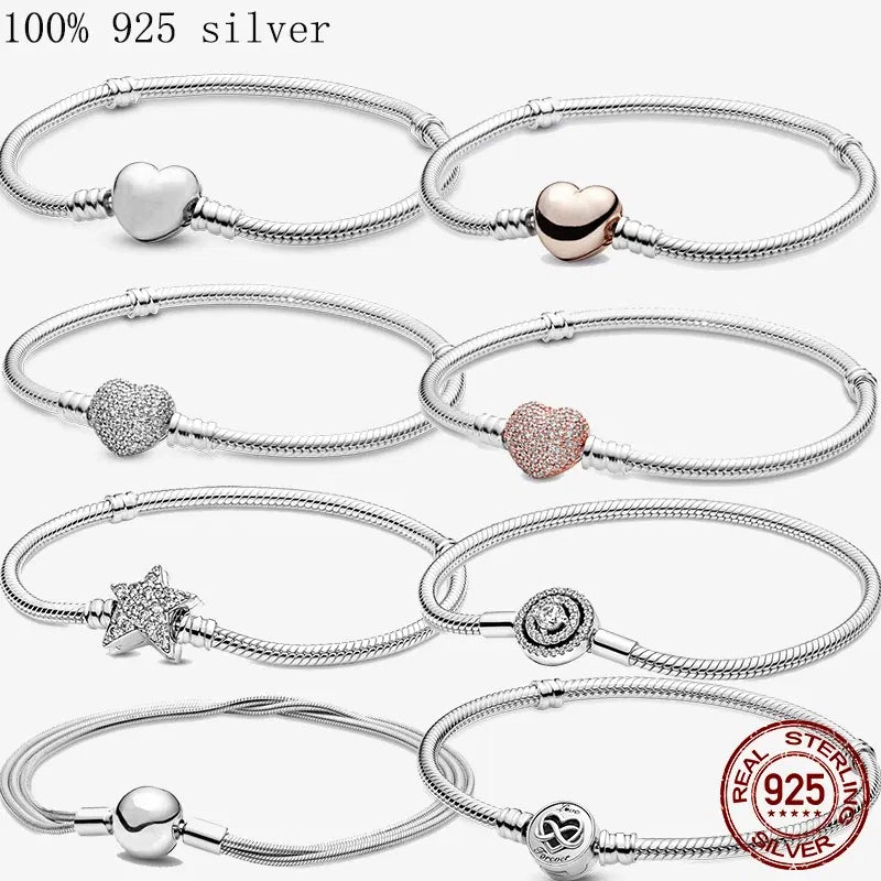 Gem Color: Black, Length: 20cm - Original 925 Sterling Silver Bracelet Star Heart Clasp Snake Chain Rose Gold DIY Beads Charms Bracelets For Women Luxury Jewelry