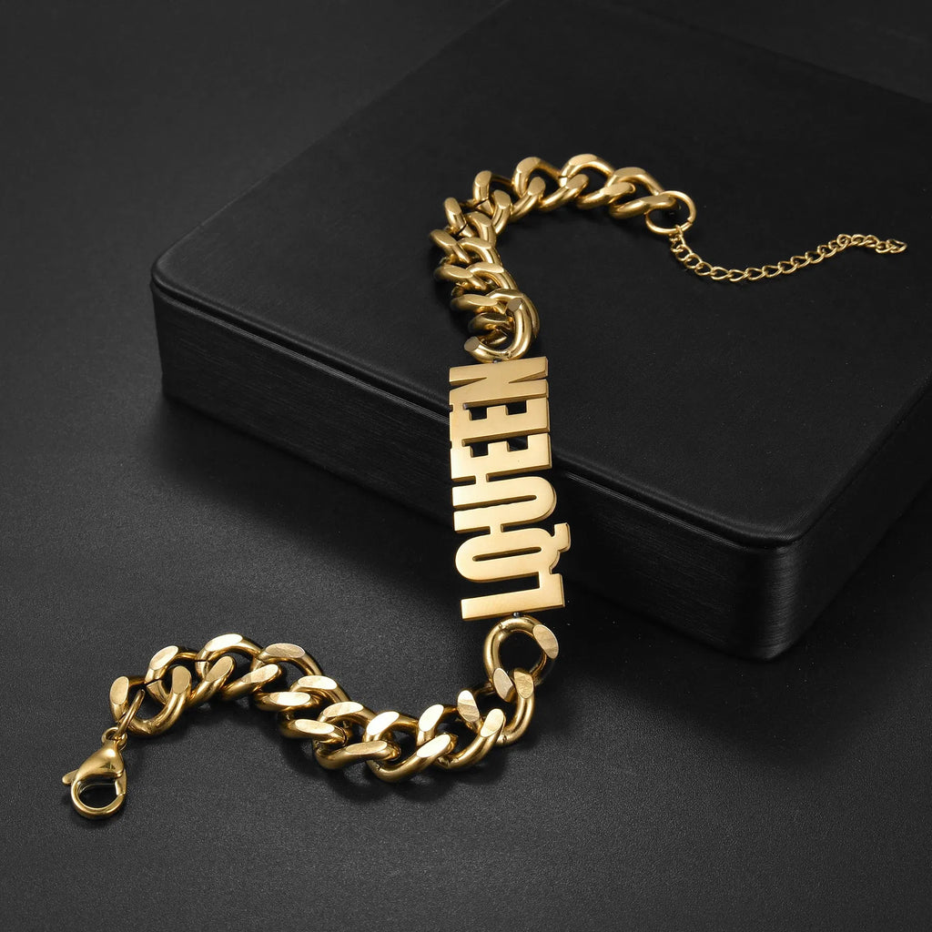 Metal Color: Steel color, Length: 17cm, Main Stone Color: Gold - Atoztide Personalized Custom Name Bracelet for Women Men Stainless Steel 10mm Cuban Chain Nameplate Handmade Bangle Jewelry Gift