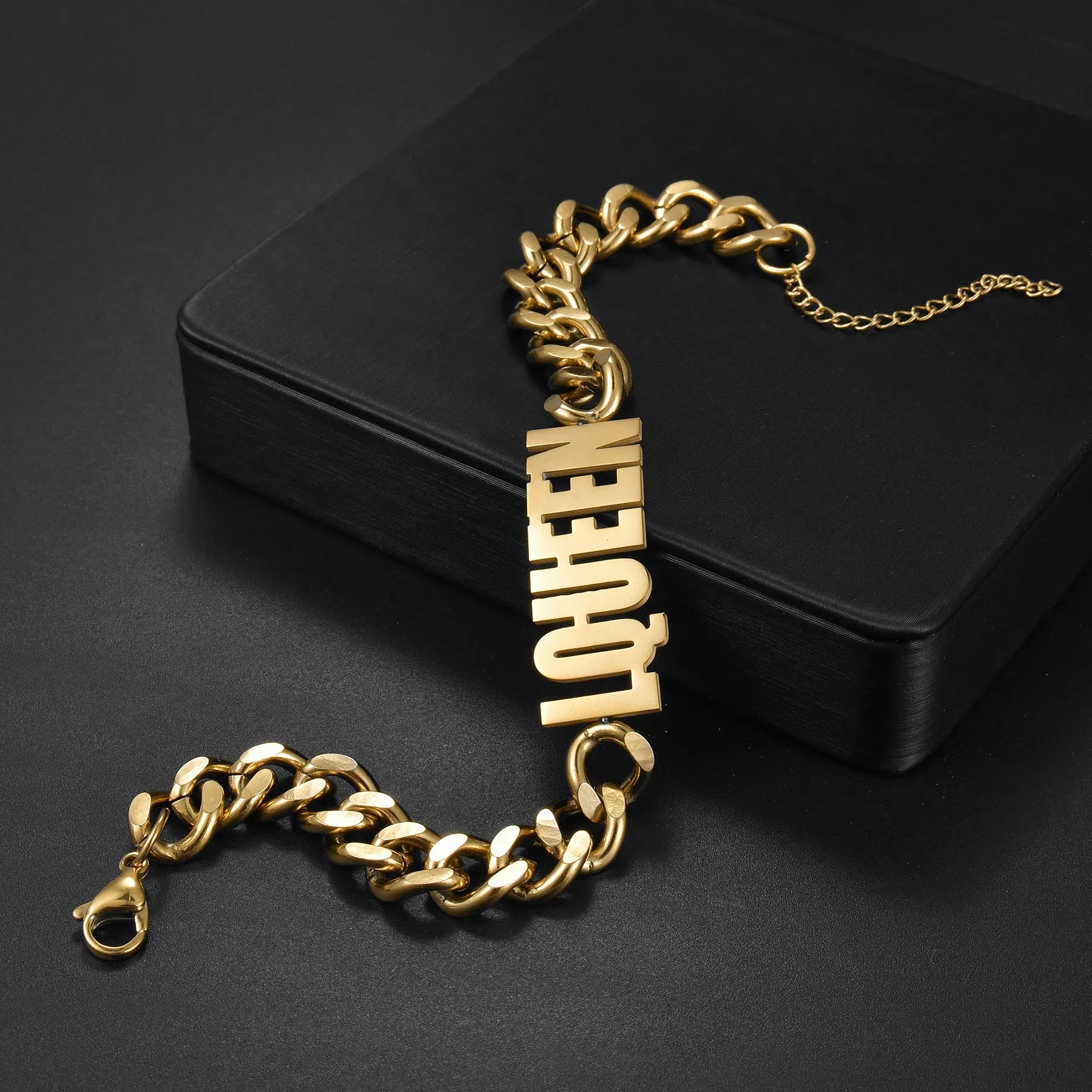 Metal Color: Steel color, Length: 17cm, Main Stone Color: Gold - Atoztide Personalized Custom Name Bracelet for Women Men Stainless Steel 10mm Cuban Chain Nameplate Handmade Bangle Jewelry Gift
