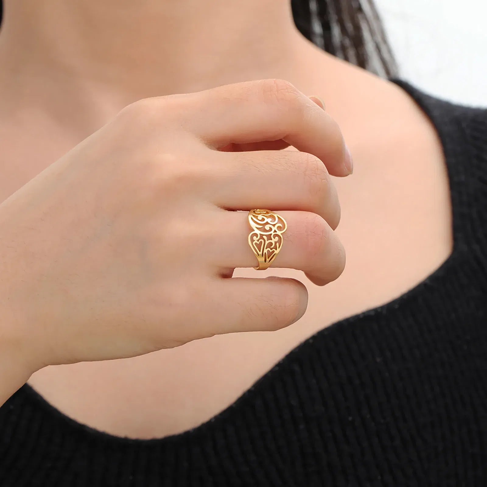 Main Stone Color: WHITE, Ring Size: 10 - Skyrim Filigree Ring Stainless Steel Gold Color Elegant Finger Rings Women Bohemian Jewelry Wedding Band Gift Wholesale