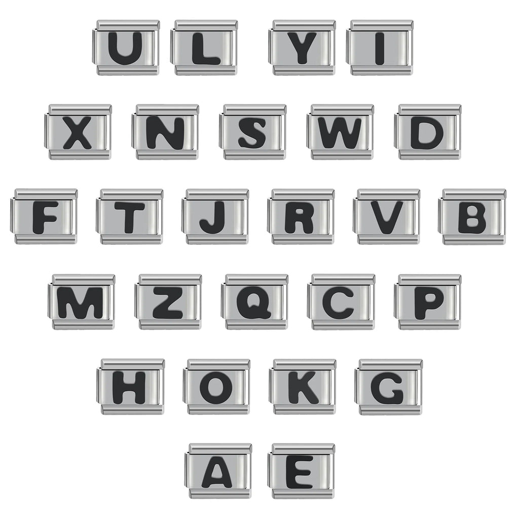 Metal Color: brownish yellow - Black 26 Letter 9mm Diy Italian Charm Stainless Steel Bracelet