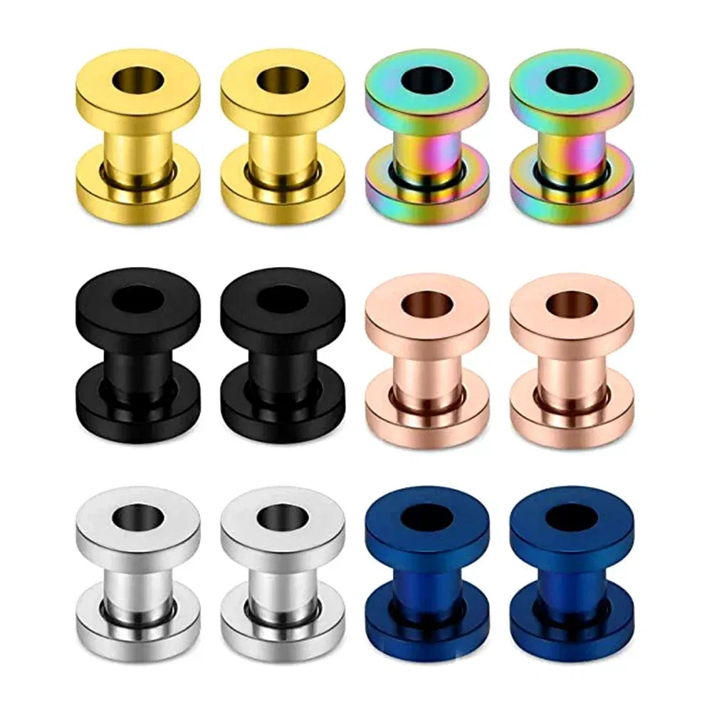 Metal color: Rhodium Plated, Main Stone Color: Gold - 2PCS Multi Color Steel Screw Fit Tunnel Ear Plug Stretcher Gauge 3-25mm Ear Lobe Tunnel Expander