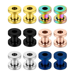 Metal color: Rhodium Plated, Main Stone Color: Gold - 2PCS Multi Color Steel Screw Fit Tunnel Ear Plug Stretcher Gauge 3-25mm Ear Lobe Tunnel Expander
