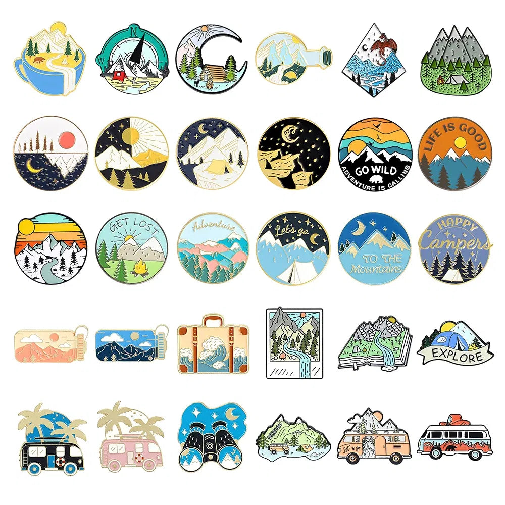 Metal color: Silver - Travel Brooch Field Crossing Hiking Scenery Snow Scene Mountain Peak Alloy Clothing Accessories Backpack Brooch Badge Lapel Pins