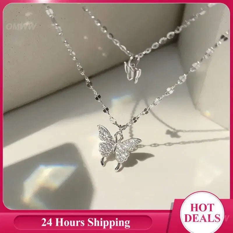 Metal Color: Dark Gold, Ships From: CHINA - Necklace Unique Design Exquisite Sparkling Pendant Necklace Flash Double Layer Butterfly Pendant Joker Necklace