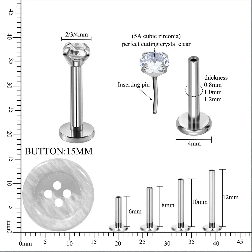 Metal color: SILVER PLATED, Ships From: CHINA, Main Stone Color: VIOLET - 10PCS G23 Titanium Lip Ring Labret Piercing Stud Earring CZ 16/18/20G Push Pin Ear Tragus Cartilage Helix Conch Pierc?Jewelry