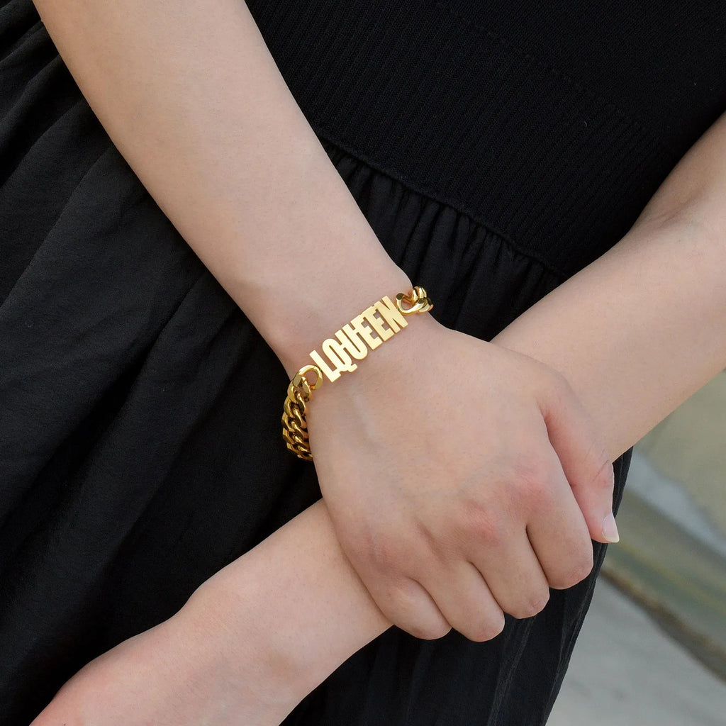Metal Color: Steel color, Length: 17cm, Main Stone Color: Gold - Atoztide Personalized Custom Name Bracelet for Women Men Stainless Steel 10mm Cuban Chain Nameplate Handmade Bangle Jewelry Gift