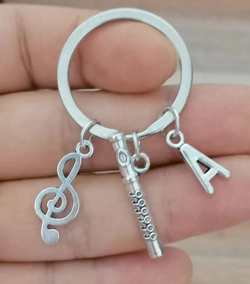 Color: light yellow - 26 Letter Flute Musical Instrument Keychain Music Lovers Key Ring