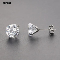 Metal Color: Gold-color, Main Stone Color: GRAY - POPMAX 1Pairs/2Pcs Stainless Steel Crystal Studs Earrings For Women Men 4 Prong Tragus Round Clear Cubic Zirconia Ear Jewelry