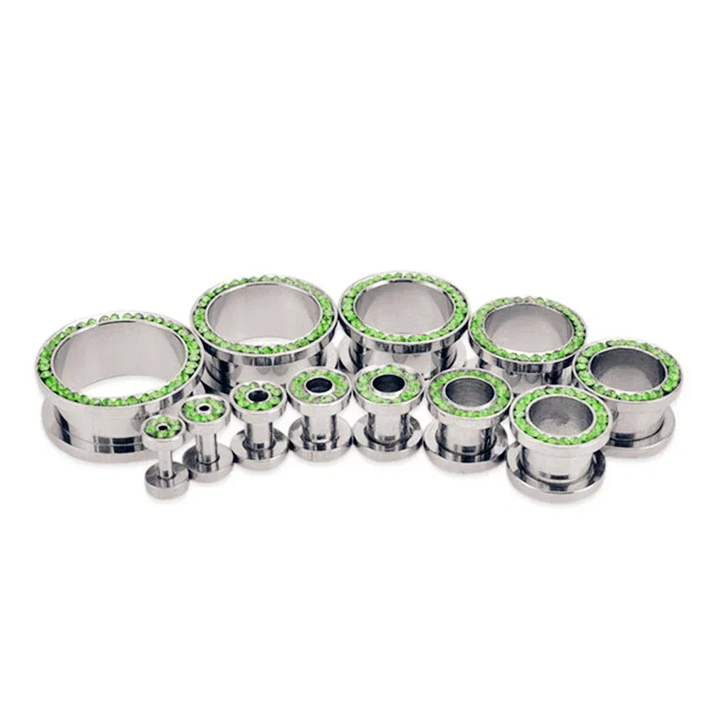 Metal color: Imitation Rhodium Plated, Main Stone Color: green - 2pc Steel Multicolour Crystal Ear Plug Flesh Tunnel 8g ( 3mm ) - 1" ( 25mm ) Gauge Expander Stretcher Screw Fit