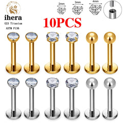 Metal color: Light Yellow Color, Ships From: CHINA, Main Stone Color: PURPLE - 10PCS G23 Titanium Labret Piercing Lip Ring 16G F136 Internal Thread Nose Stud Earring Tragus Helix Cartilage Piercing Jewelry