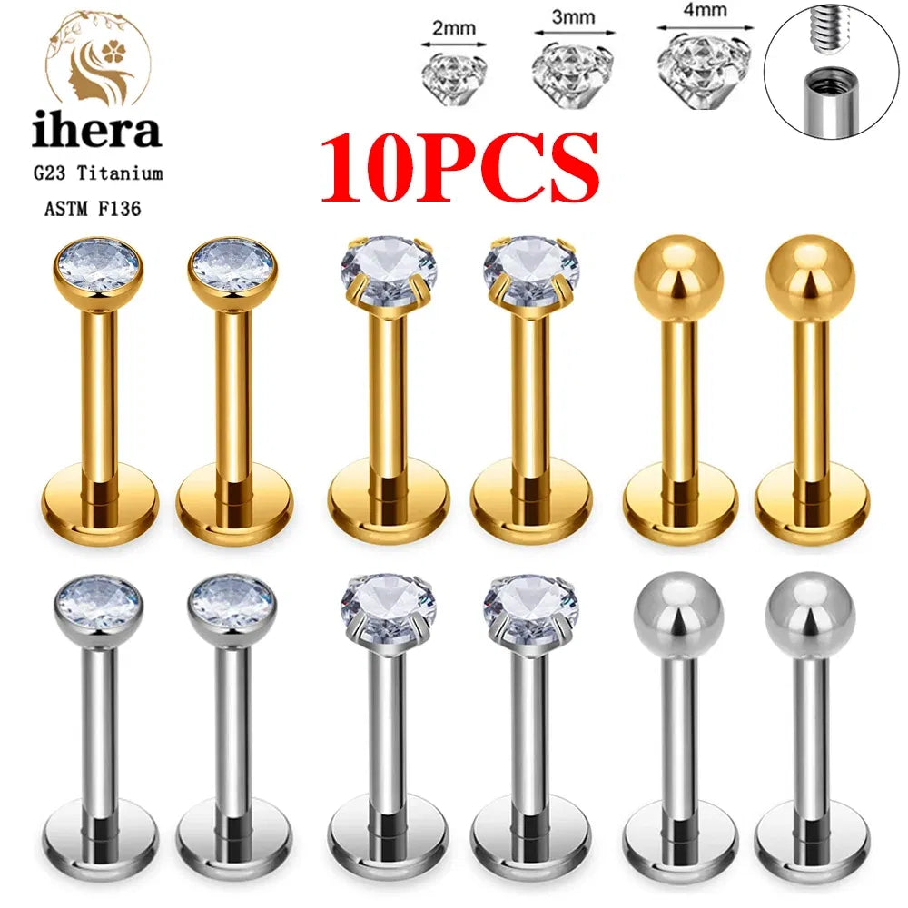 Metal color: Light Yellow Color, Ships From: CHINA, Main Stone Color: Yellow - 10PCS G23 Titanium Labret Piercing Lip Ring 16G F136 Internal Thread Nose Stud Earring Tragus Helix Cartilage Piercing Jewelry