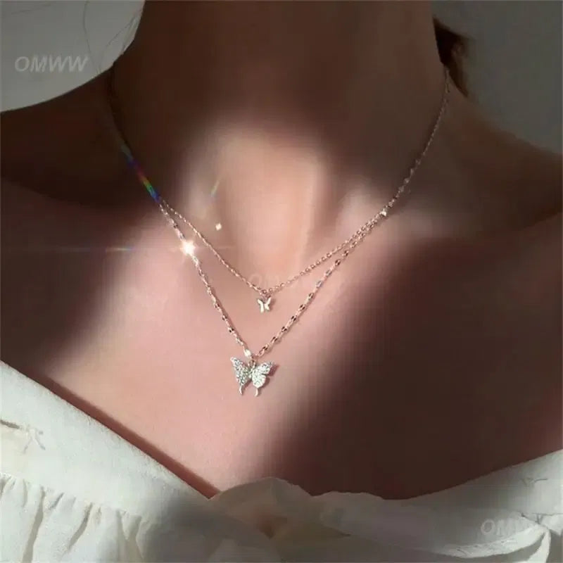Metal Color: Dark Gold, Ships From: CHINA - Necklace Unique Design Exquisite Sparkling Pendant Necklace Flash Double Layer Butterfly Pendant Joker Necklace