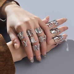 Metal Color: Blue Zinc Plated, Ring Size: resizable - LAViXMIA Alphabet A-Z Letter Never Fade Stainless Steel Rings Women Jewelry Fashion Initial Ring Adjustable Size Birthday Gifts