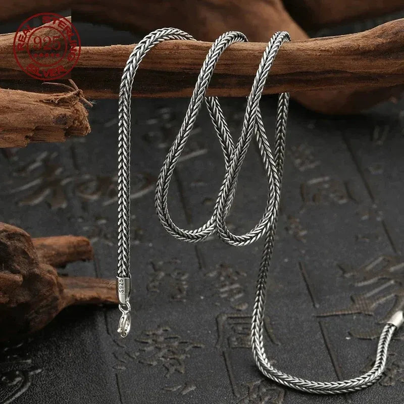Gem Color: black, Metal Color: Gold-color, Length: 24cm, Ships From: CHINA - Real S925 Pure Silver Men's Necklace 1.6MM Foxtail Necklace for Men Individuality Vintage solid Silver Snake Bone Chain