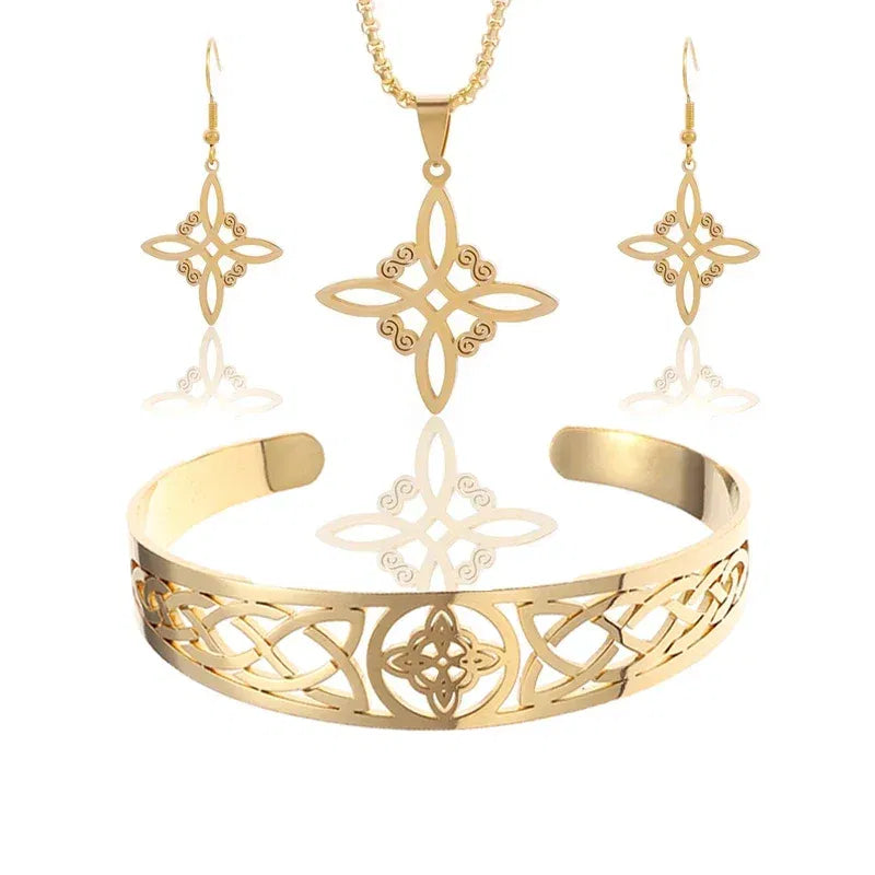 Metal color: Beige - Witch Knot Cuff Stainless Steel Pagan Witchcraft Symbols Magic Knot Women's Good Luck Amulet Bracelet Celtic Knot Bracelet